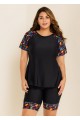 Black Plants Pullover Short Sleeve Modest Plus Size Fashion Casual Tankini Set