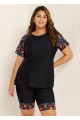 Black Plants Pullover Short Sleeve Modest Plus Size Fashion Casual Tankini Set