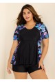 Black Floral Raglan Short Sleeve Waist Shaping Tankini Top