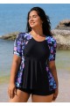 Black Floral Raglan Short Sleeve Waist Shaping Tankini Top