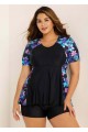 Black Floral Raglan Short Sleeve Waist Shaping Tankini Top
