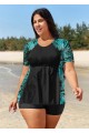 Curvy Green Leaf Print Short Sleeve Swimsuit And Swimwear Tankini Top