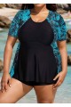 Curvy Green Leaf Print Short Sleeve Swimsuit And Swimwear Tankini Top