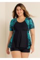 Curvy Green Leaf Print Short Sleeve Swimsuit And Swimwear Tankini Top
