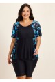 Plus Size Blue Floral Upf50+ Short Sleeves Modest Women's Swimsuit Shirt Tankini Top