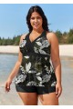 Curvy Black Leaf Print Vintage Swimsuit And Swimwear Tankini Top