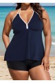 Navy And White V Neck Halter Plus Size Tankini Top