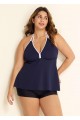 Navy And White V Neck Halter Plus Size Tankini Top