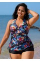 Tropical Floral Cross Front With Side Drawstring Tankini Set