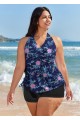 Plus Size Purple Floral Drawstring Swimsuit And Swimwear Tankini Top