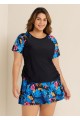 Black Floral Print Side Drawstring Plus Size Tankini Top