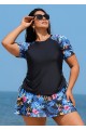 Black Floral Print Side Drawstring Plus Size Tankini Top