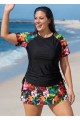 Curvy Red Floral Upf50+ Short Sleeves Modest Side Drawstring Women's Swimsuit Tankini Top
