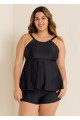Black Scoop Neck Cutout Edge Plus Size Modest Tankini Swimsuit Top