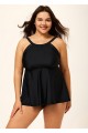 Black Scoop Neck Cutout Edge Plus Size Modest Tankini Swimsuit Top