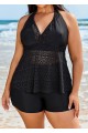 Black V Neck Cut Out Backless Lace Up Tankini Top