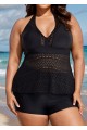 Black V Neck Cut Out Backless Lace Up Tankini Top