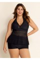 Black V Neck Cut Out Backless Lace Up Tankini Top