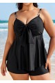 Black V Neck Ring Metal Ruched Front Tankini Top