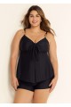 Black V Neck Ring Metal Ruched Front Tankini Top