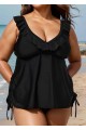 Black V Neck Plus Size Modest Ruffle Drawstring Tankini Swimsuit Top