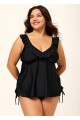 Black V Neck Plus Size Modest Ruffle Drawstring Tankini Swimsuit Top
