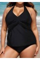 Black V Neck Waist Knot Plus Size Modest Fashion Tankini Swimsuit Top