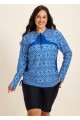 Plus Size Blue Geometric High Neck Upf50+ Long Sleeves Zipper Drawstring Swimsuit Shirt Tankini Top