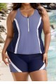 Blue And Purple Color Block Zip Front Sporty Two Piece Bathing Suits Tankini Set