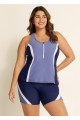 Blue And Purple Color Block Zip Front Sporty Two Piece Bathing Suits Tankini Set