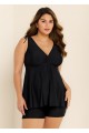 Black Wide Straps Wrap Curvy Two Piece Bathing Suits Tankini Top