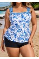 Plus Size Blue And White Floral Wide Straps Side Drawstring Swimsuit Tankini Top