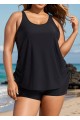 Black Solid Color Drawstring Plus Size Tankini Top