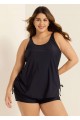 Black Solid Color Drawstring Plus Size Tankini Top