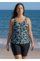 Green Floral Scoop Neck Sleeveless Modest Drawstring Curvy Women's Swimsuit Tankini Top