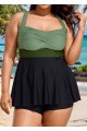 Green And Black Twist Front Patchwork Adjustable Straps Swimwear Tankini Top