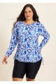 Curvy Blue And White Floral  Upf50+ Long Sleeves Side Drawstring Swimsuit Shirt Tankini Top