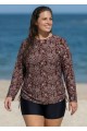 Brown Paisley Upf50+ Long Sleeves Drawstring Plus Size Women's Swimsuit Tankini Top