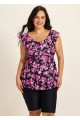 Pink Floral Print Scoop Neck Built In Bra Ruffle Plus Size Women's Swimsuit Tankini Top
