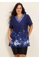 Plus Size Navy Floral V Neck  Upf50+ Short Sleeves Modest Padded Swimsuit Long Tankini Top