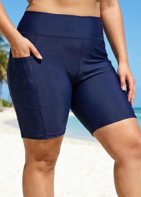 Plus Size Navy Blue  Sport Simple Swim Bottom