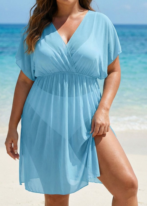 Baby Blue V Neck Semi-Sheer Split Boho Style Cover Up