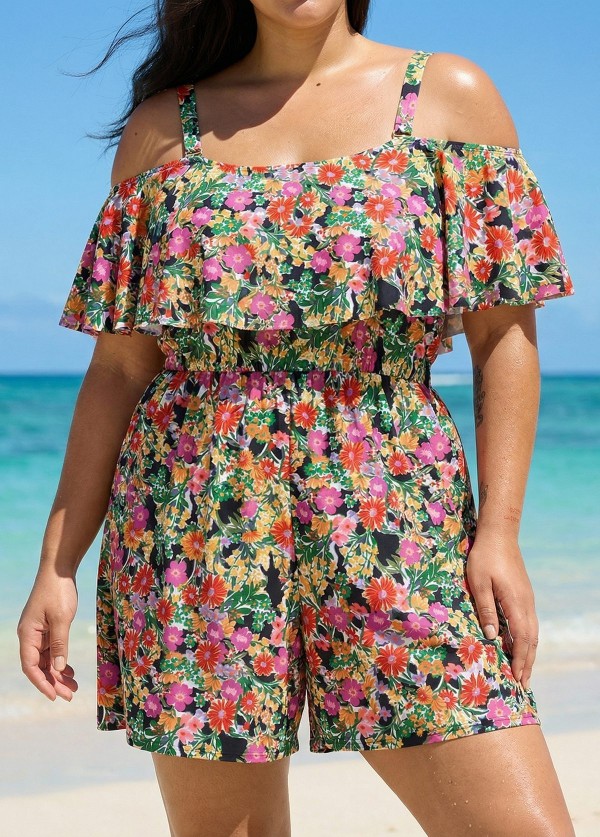 Plus Size Black Floral Flattering Off Shoulder Ruffled Swimsuit One Piece Swimdress