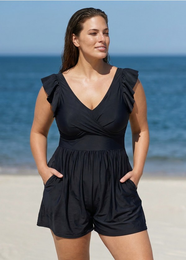 Plus Size Black Twisted Front Ruffled One Piece Swimsuit Swim Romper