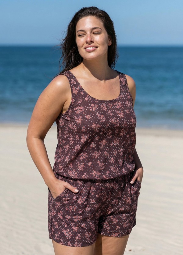 Plus Size Brown Floral Dot Scoop Neck Wide Straps Pocket Swimsuit One Piece Swim Romper