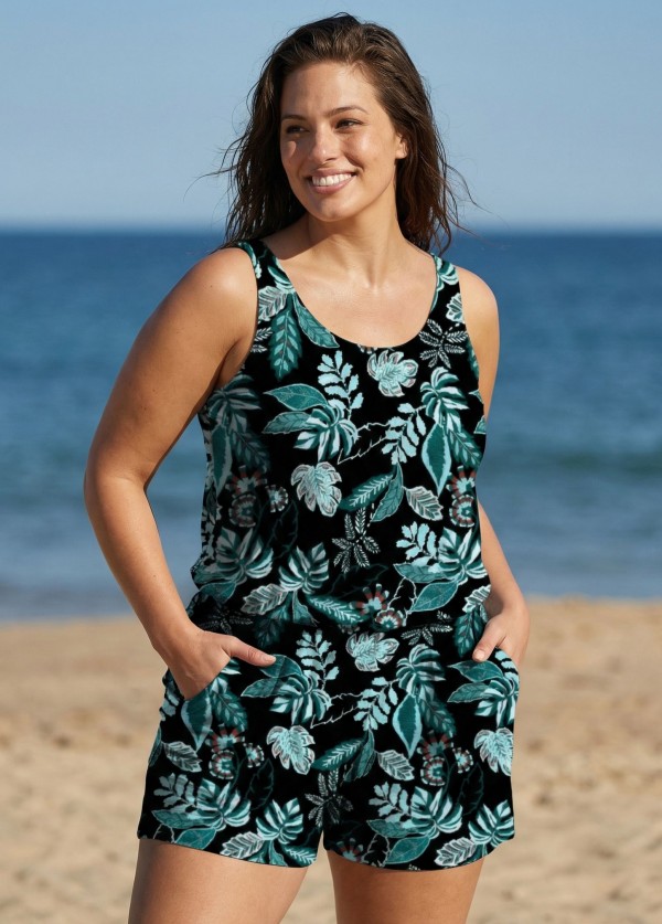 Curvy Green Tropical Leaf Print Scoop Neck Wide Straps Pocket Swimsuit One Piece Swim Romper