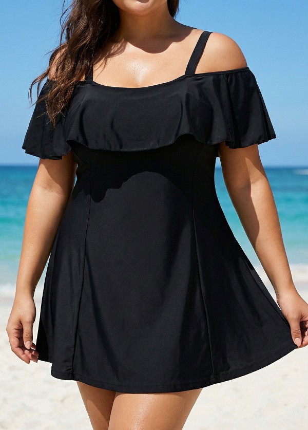 Plus Size Black Tummy Control Stylish One Piece Swimdress
