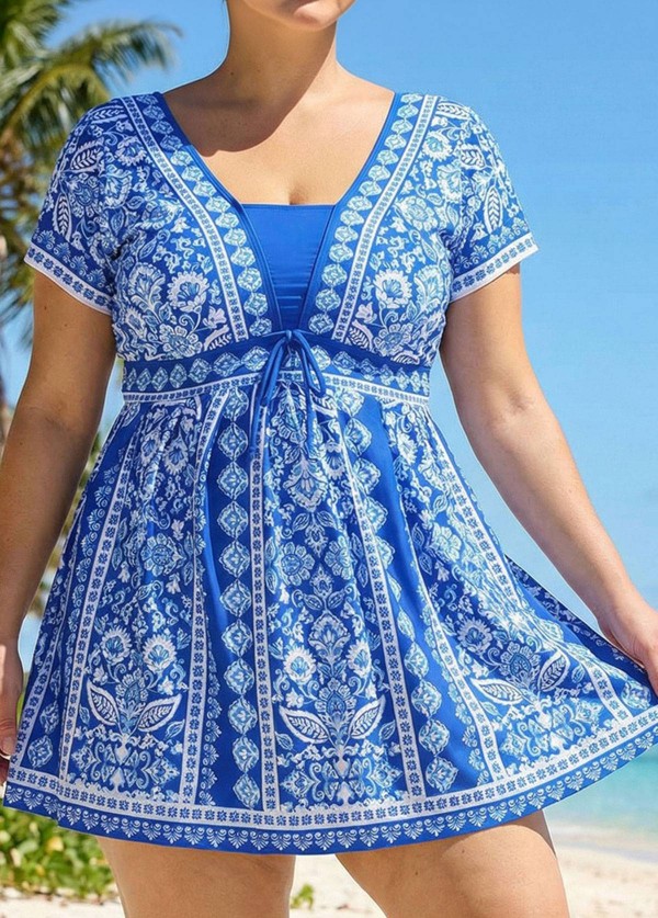 Curvy Blue And White Floral Short Sleeves Modest Padded Women's Swimsuit Swimdress Top