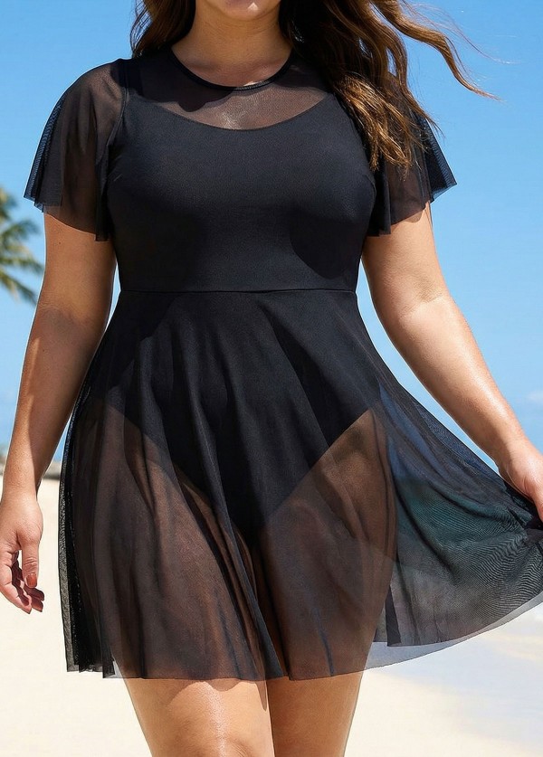 Plus Size Black High Neck Mesh Sleeves One Piece Swimdress