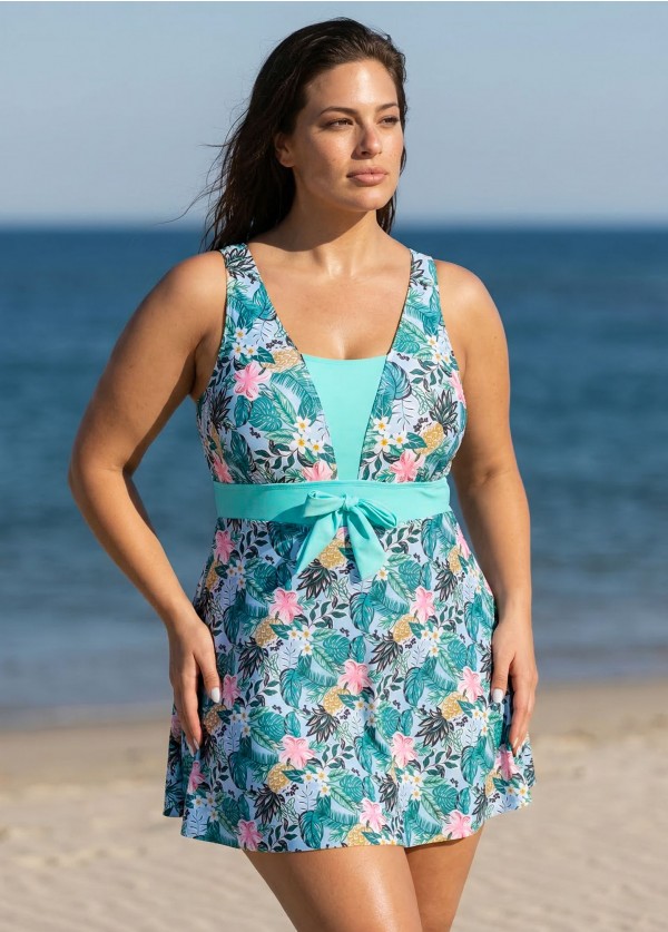 Charming Plus Size Green Tropical Floral Knot Front One Piece Swimdress